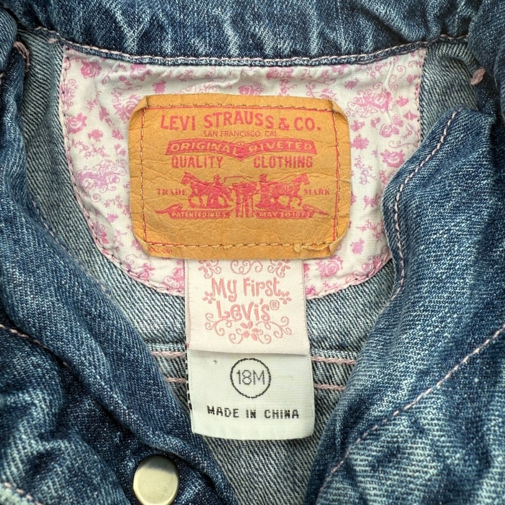 My 1st Levi's Denim Jean Jacket Trucker Pink Floral Vintage Y2K Kidcore Baby 18M - Picture 4 of 14